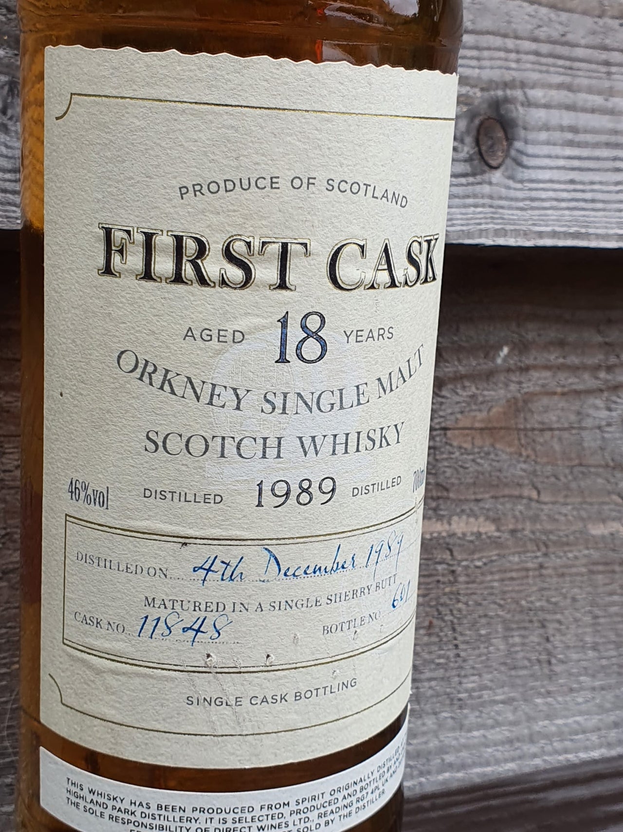 Private Collection First Cask 18 year old Orkney Single Malt 1989 cask 11848 bottle no 601 70cl 46%